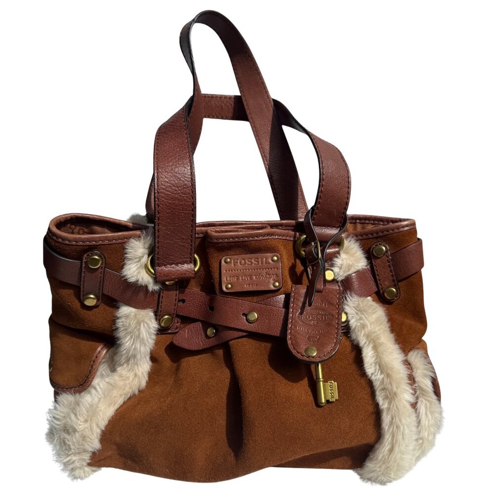Fossil Adrina Tote – Large Tan Saddle Brown Genuine Leather + Faux Fur